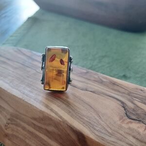 Amber Rectangular Ring with Silver Band